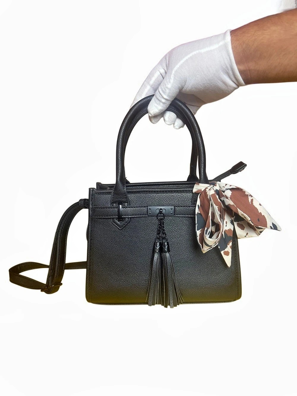 Black Structured Satchel Handbag w/ Scarf & Tassels – Crossbody Strap